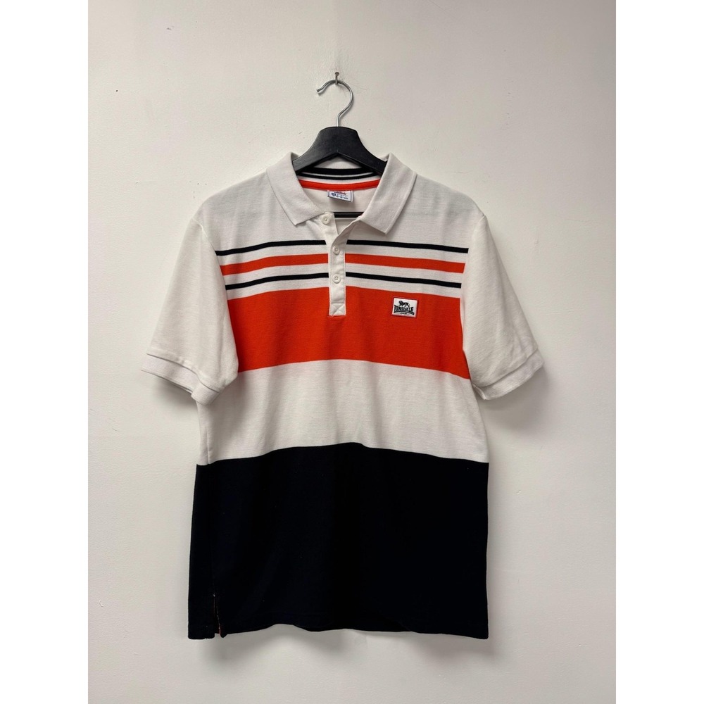 Lonsdale Polo Shirt Mens Medium White Orange Black Stripe Colorblock Collared Oi